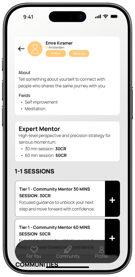 Mentor profile with 1:1 sessions
